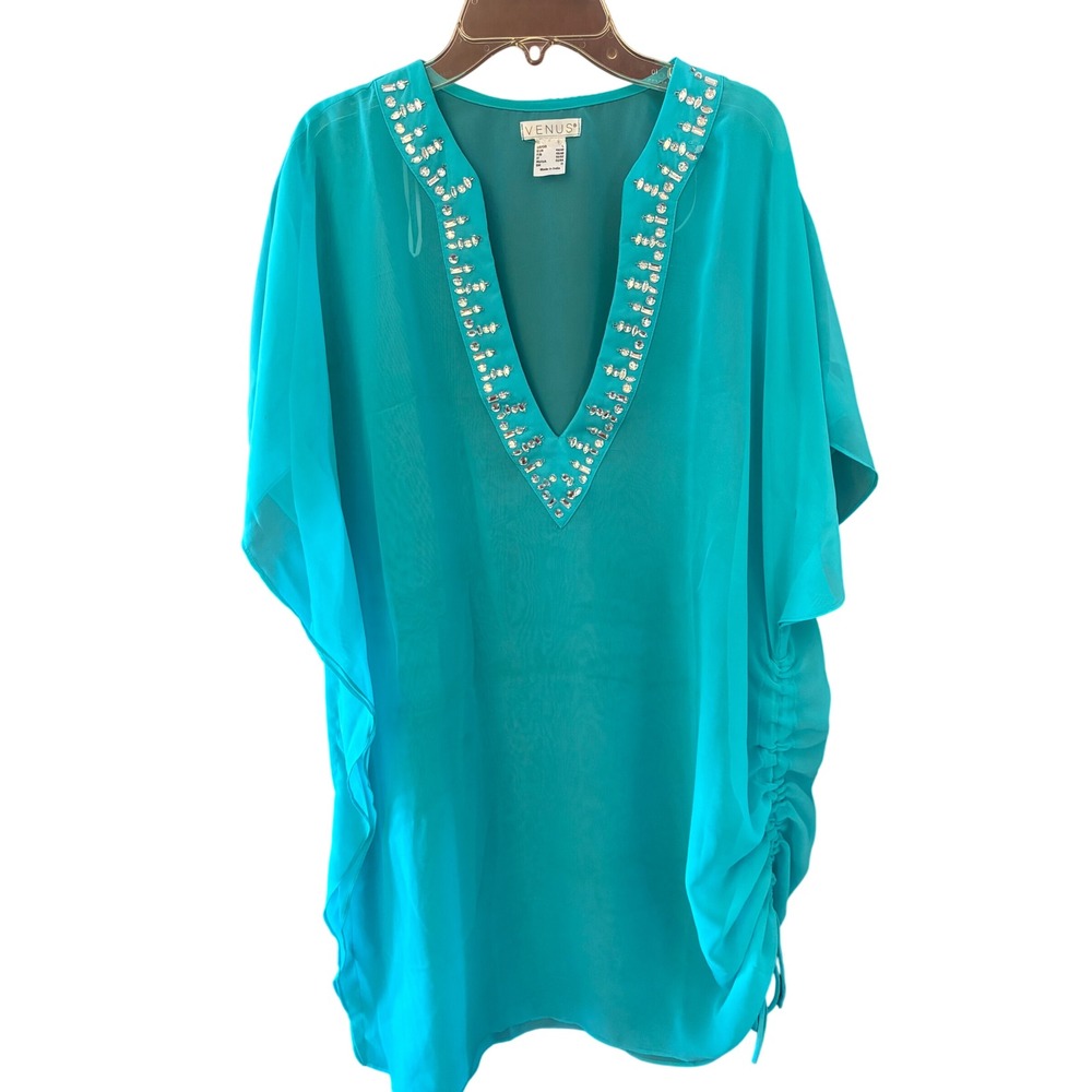 Venus Swim Cover Up Women Large Aqua Excellent Beaded V-Neck Ruched Caftan